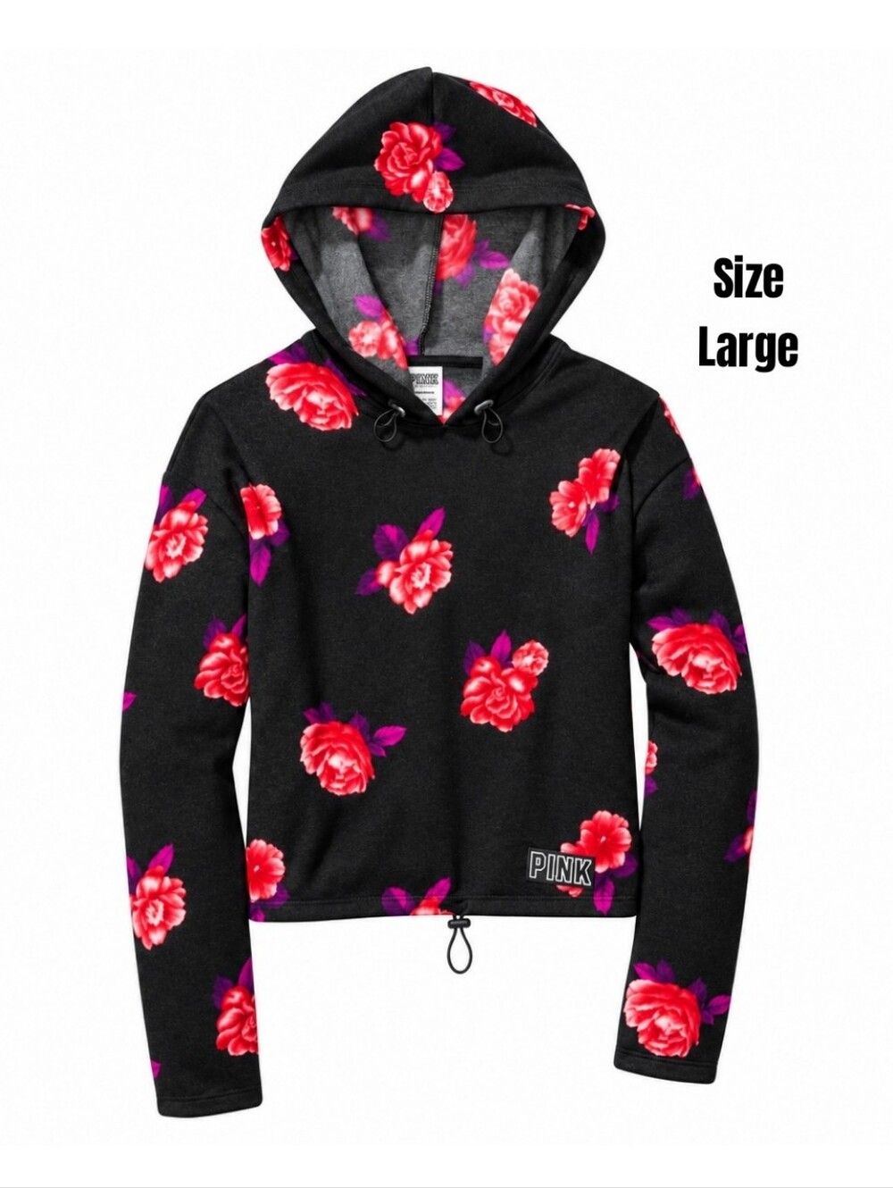 VS PINK Pure Black Red Pink Rose Floral Hooded Sweater Knit Pullover Large NEW
